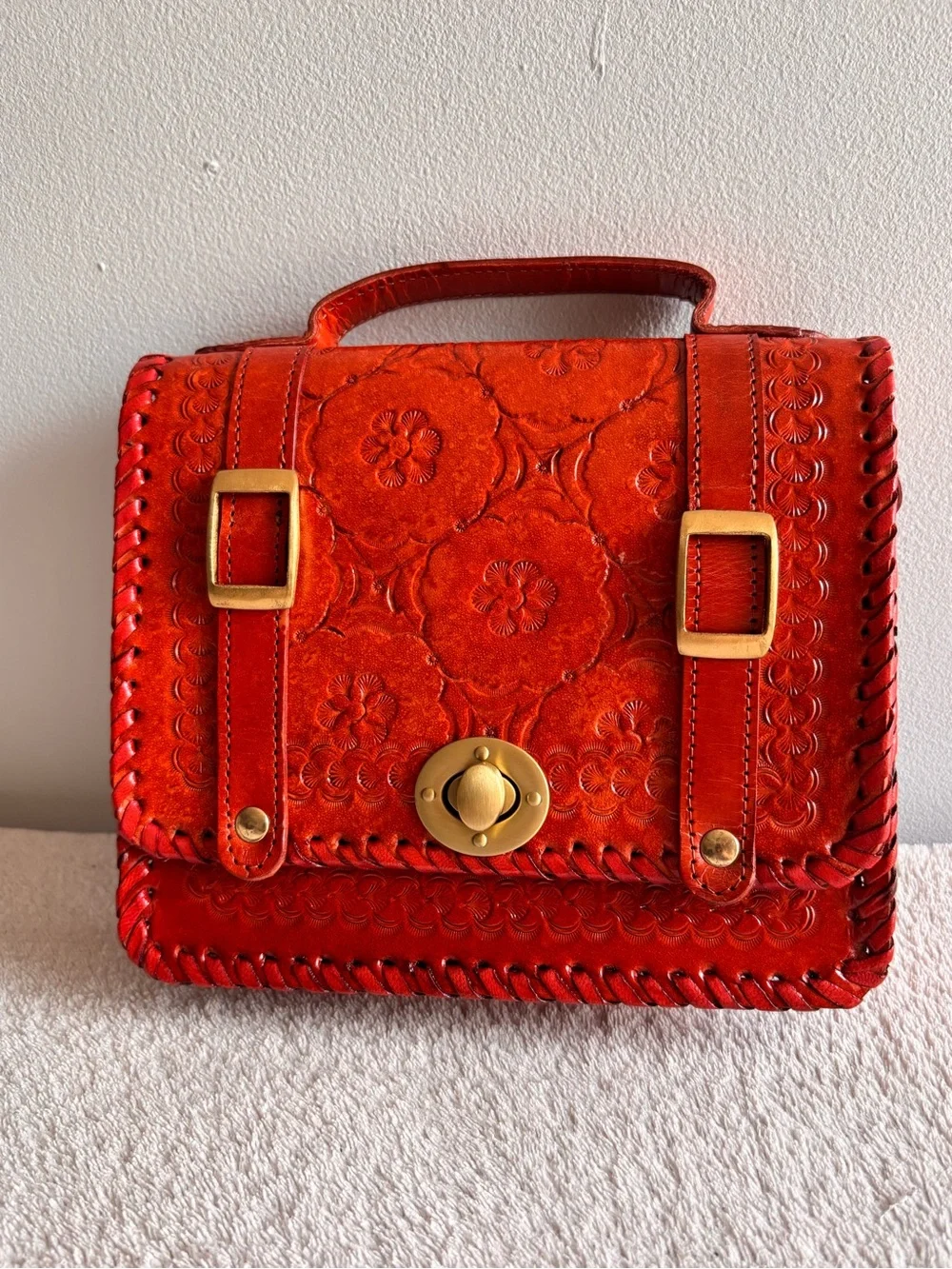 Brown Reddish Floral Embossed Faux Leather Crossbody Bag Adjustable Strap Boho